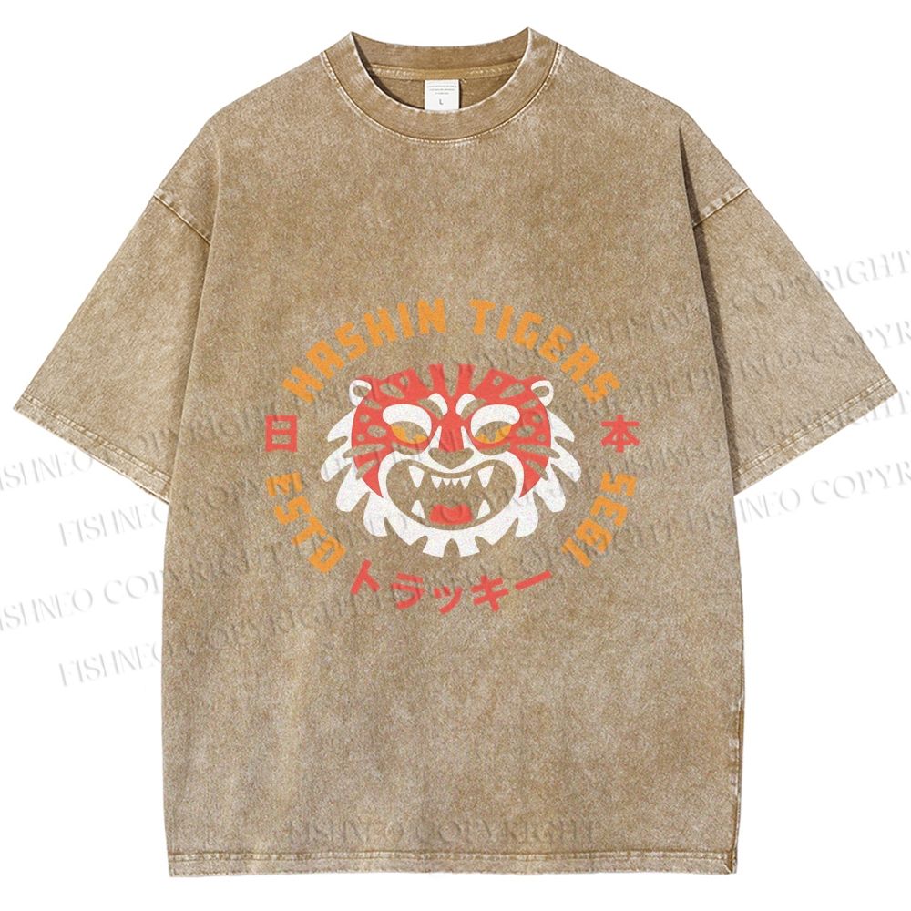Unisex Japanese Cartoon Tiger Printed Washed Tee