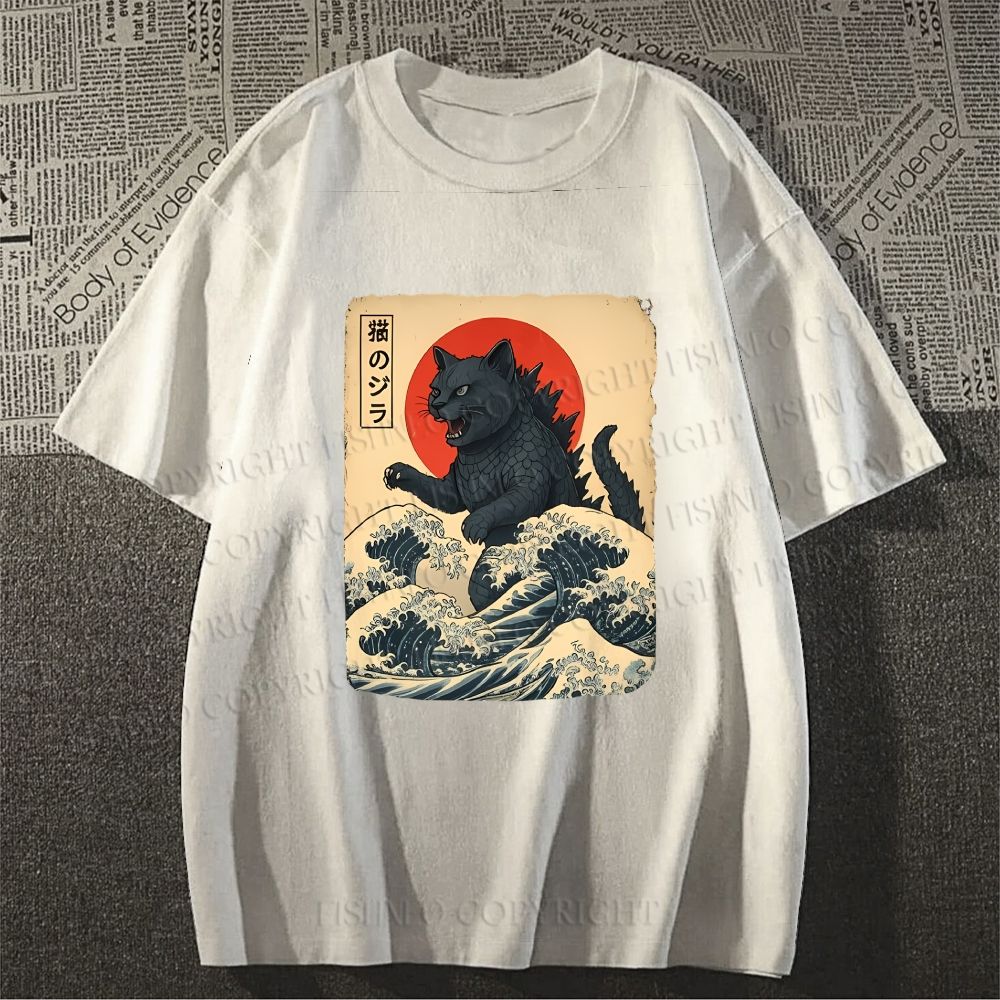 Unisex Japanese Vintage Cat Godzilla Classic Cotton T-shirt
