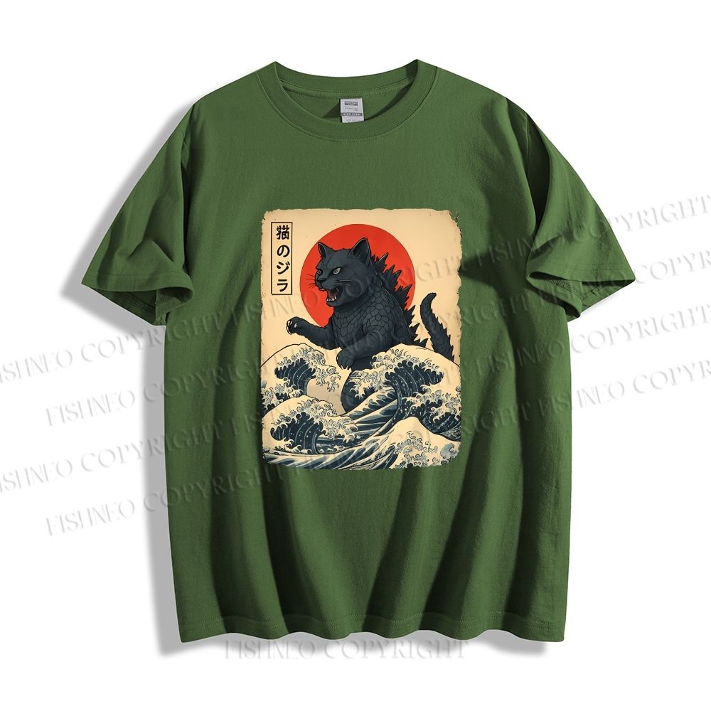 Unisex Japanese Vintage Cat Godzilla Classic Cotton T-shirt