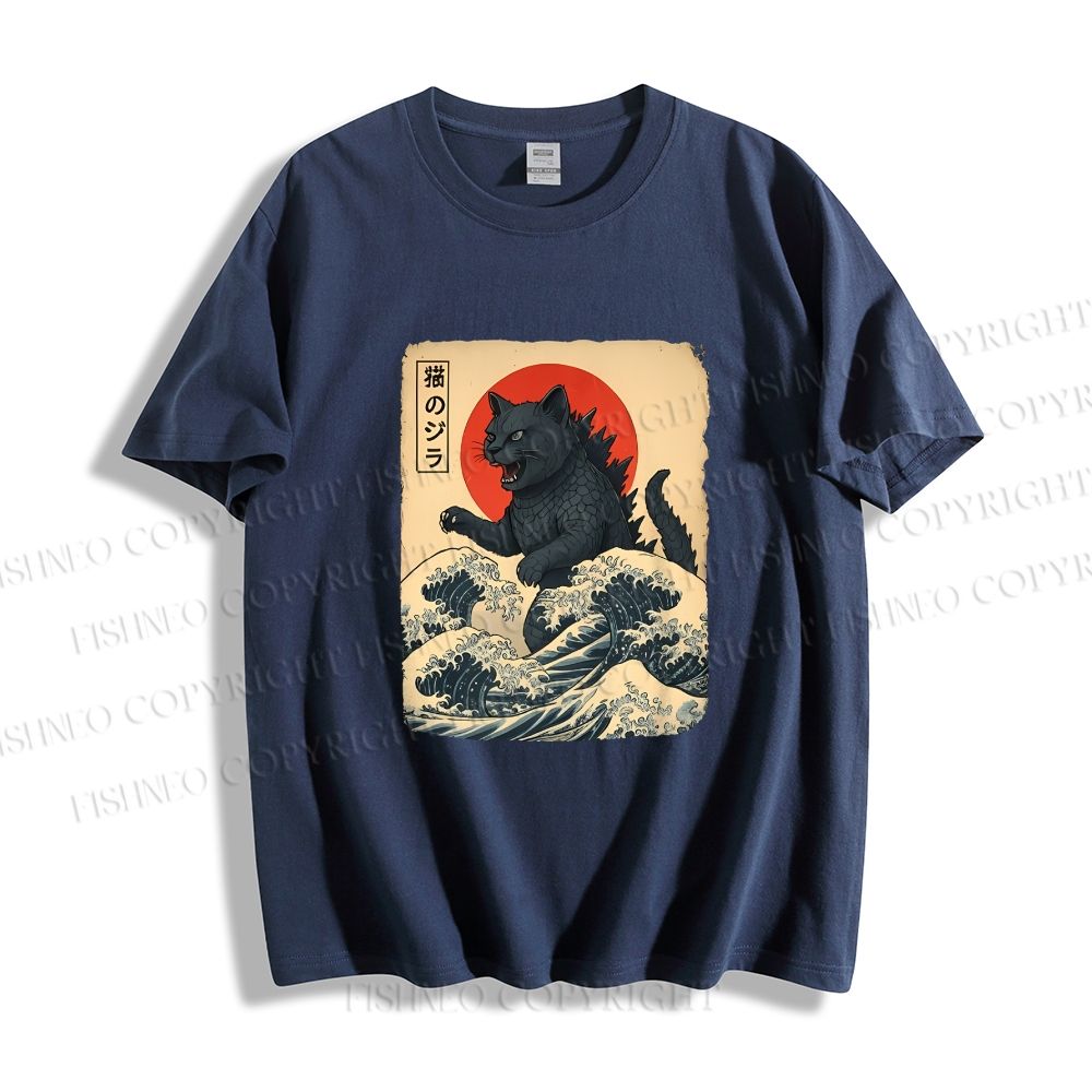 Unisex Japanese Vintage Cat Godzilla Classic Cotton T-shirt