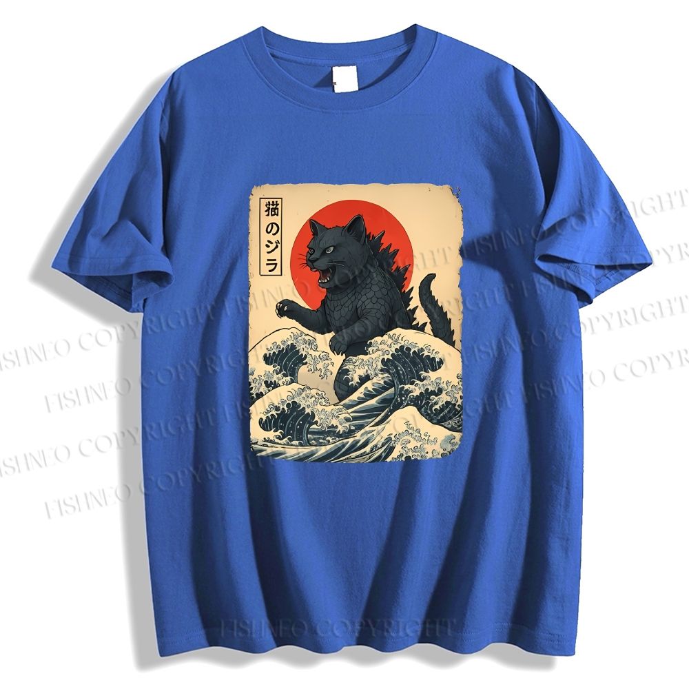 Unisex Japanese Vintage Cat Godzilla Classic Cotton T-shirt