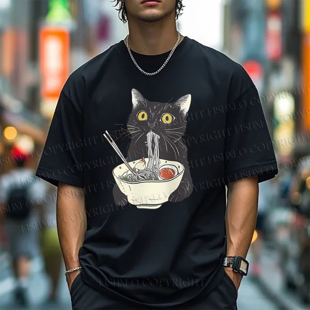 Unisex Vintage Cat Having Noodle Graffiti Classic Cotton T-shirt