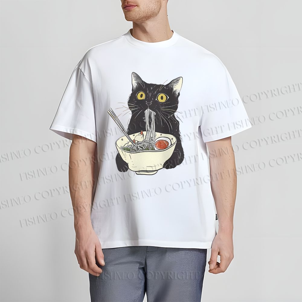 Unisex Vintage Cat Having Noodle Graffiti Classic Cotton T-shirt