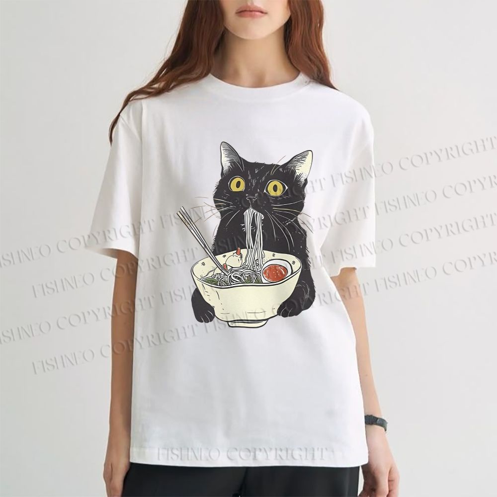 Unisex Vintage Cat Having Noodle Graffiti Classic Cotton T-shirt