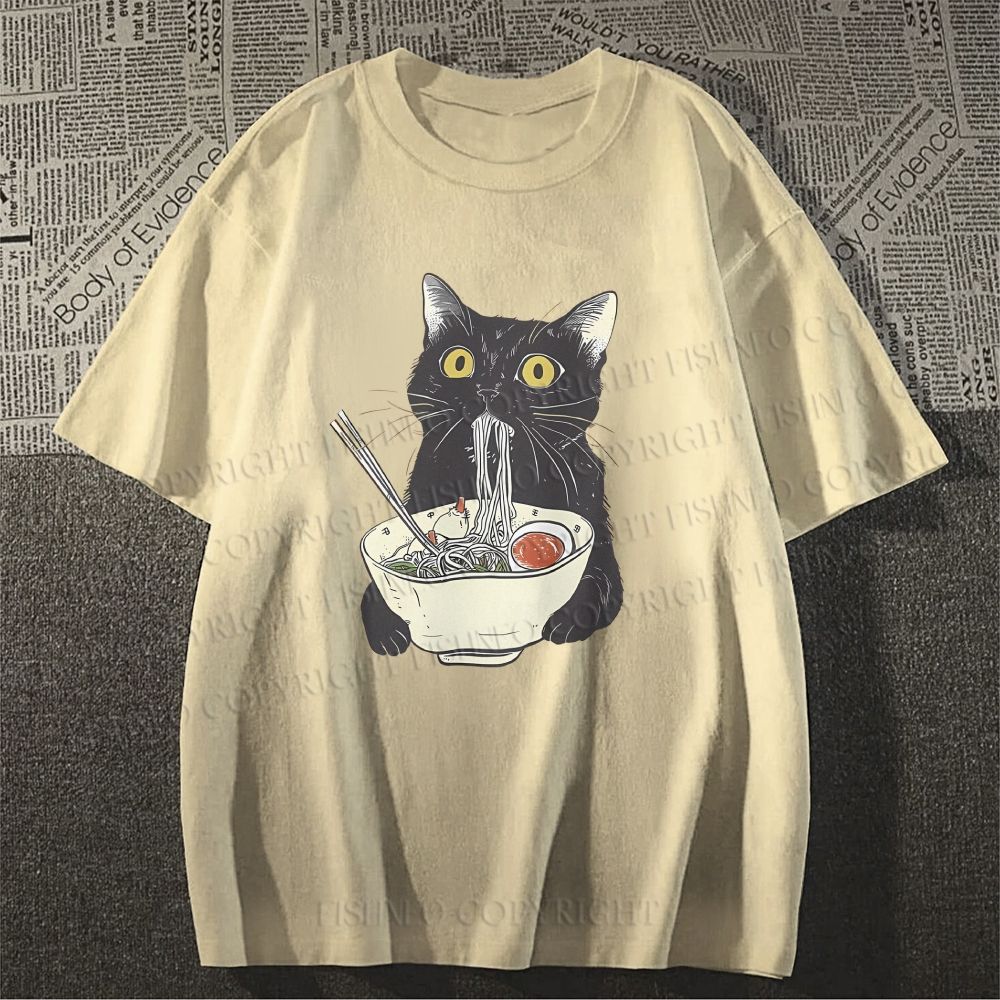 Unisex Vintage Cat Having Noodle Graffiti Classic Cotton T-shirt