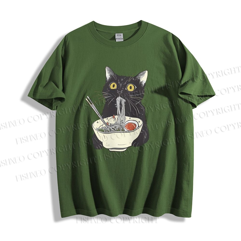 Unisex Vintage Cat Having Noodle Graffiti Classic Cotton T-shirt