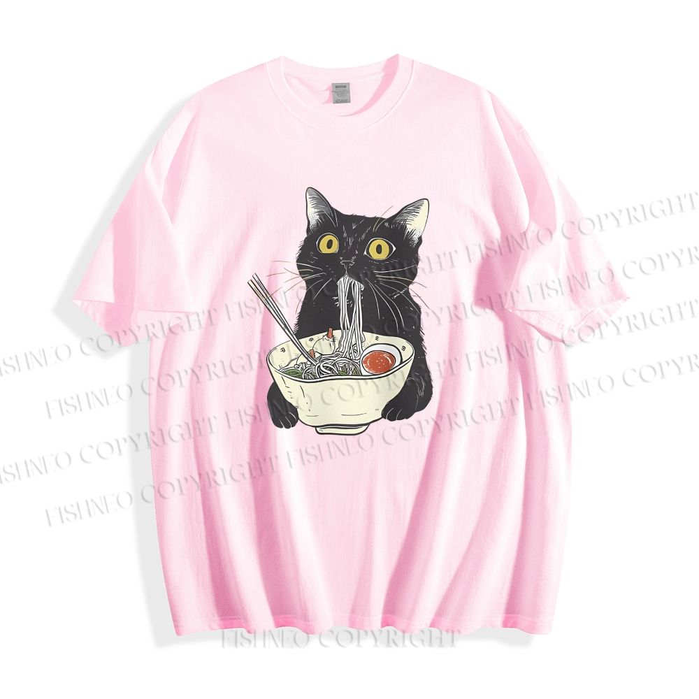 Unisex Vintage Cat Having Noodle Graffiti Classic Cotton T-shirt