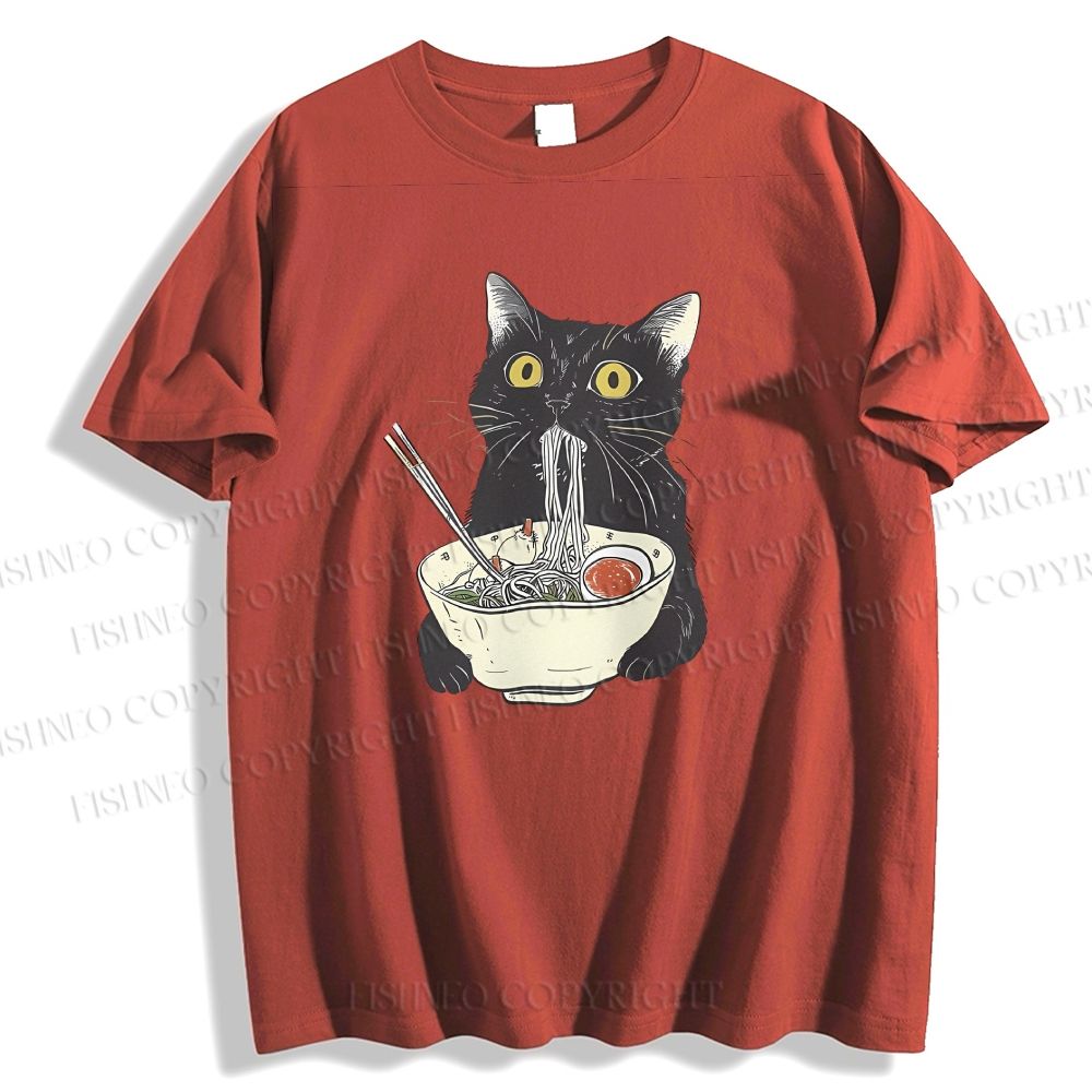 Unisex Vintage Cat Having Noodle Graffiti Classic Cotton T-shirt