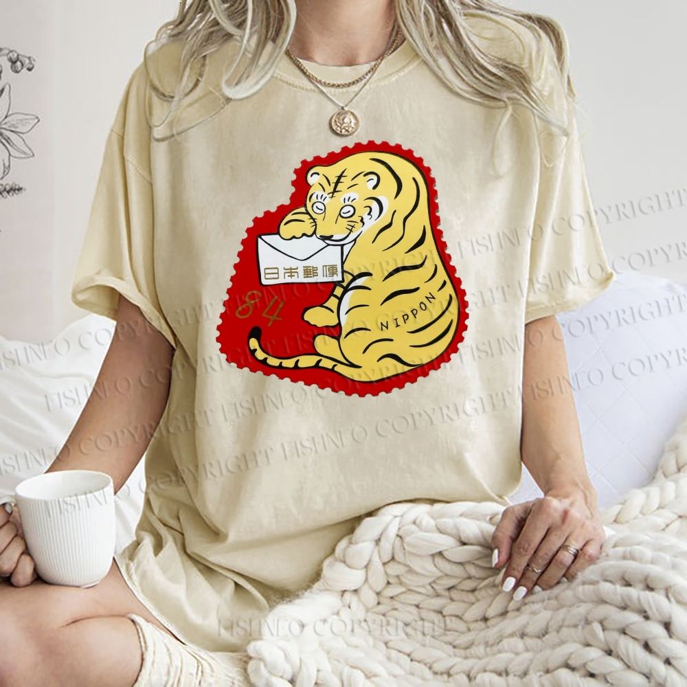 Unisex Year Of The Tiger Stamp Printed Washed Tee