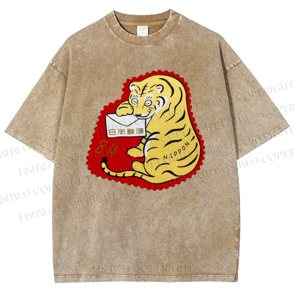 Unisex Year Of The Tiger Stamp Printed Washed Tee