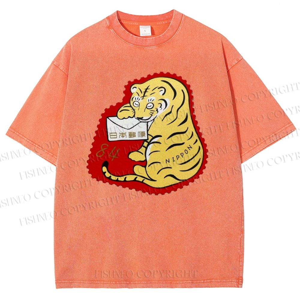 Unisex Year Of The Tiger Stamp Printed Washed Tee