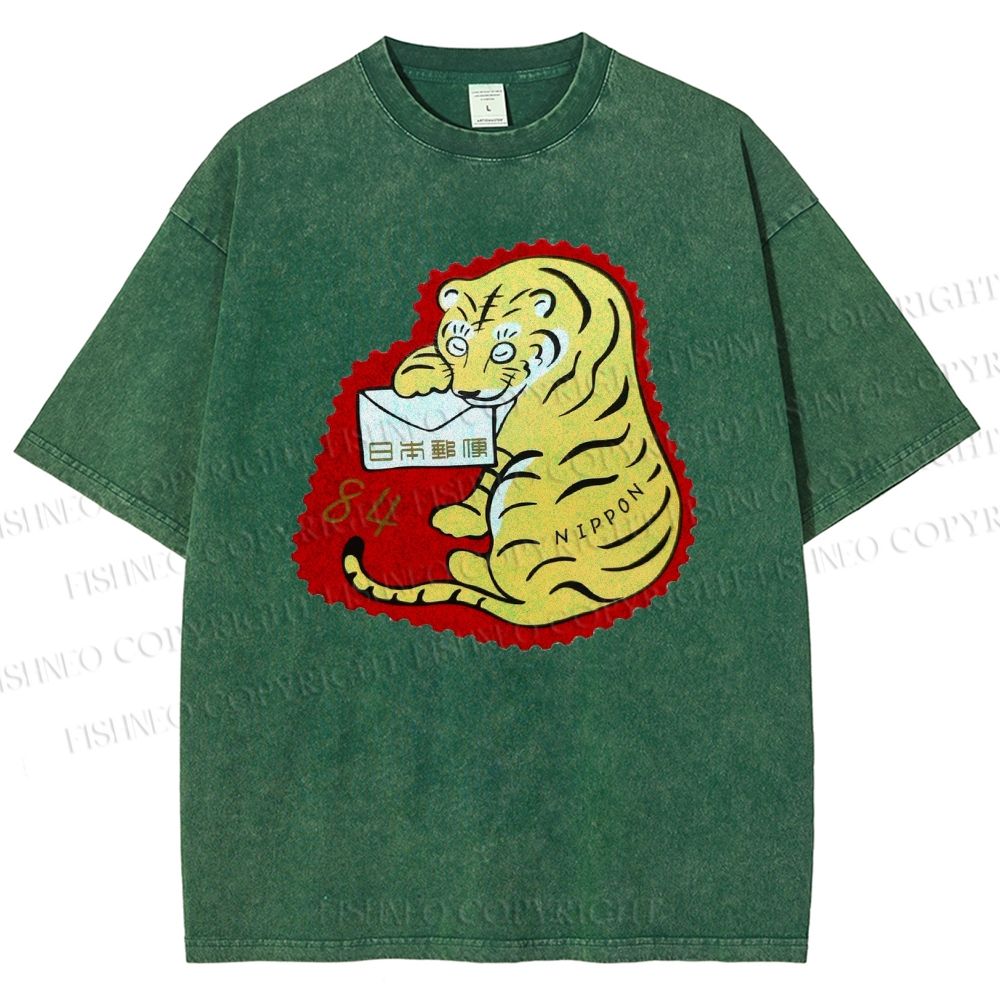 Unisex Year Of The Tiger Stamp Printed Washed Tee