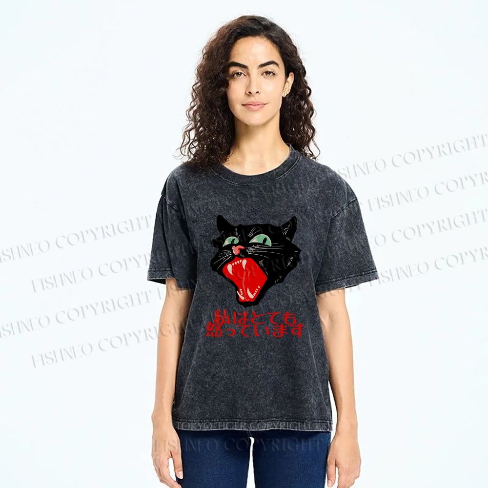 Unisex Japanese Cat Graffiti Printed Washed Tee