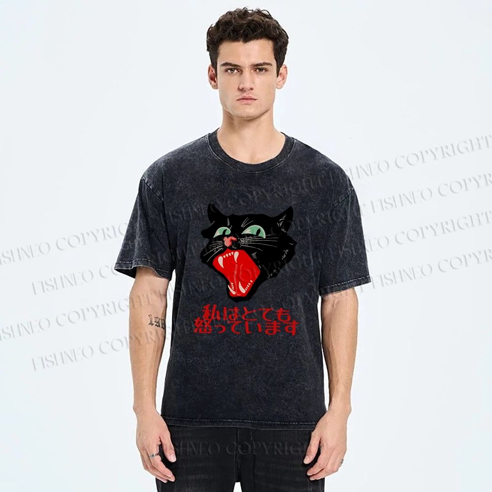 Unisex Japanese Cat Graffiti Printed Washed Tee