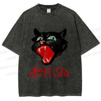 Unisex Japanese Cat Graffiti Printed Washed Tee