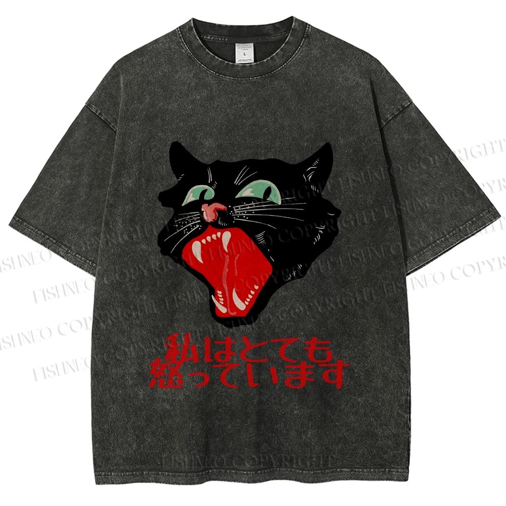 Unisex Japanese Cat Graffiti Printed Washed Tee