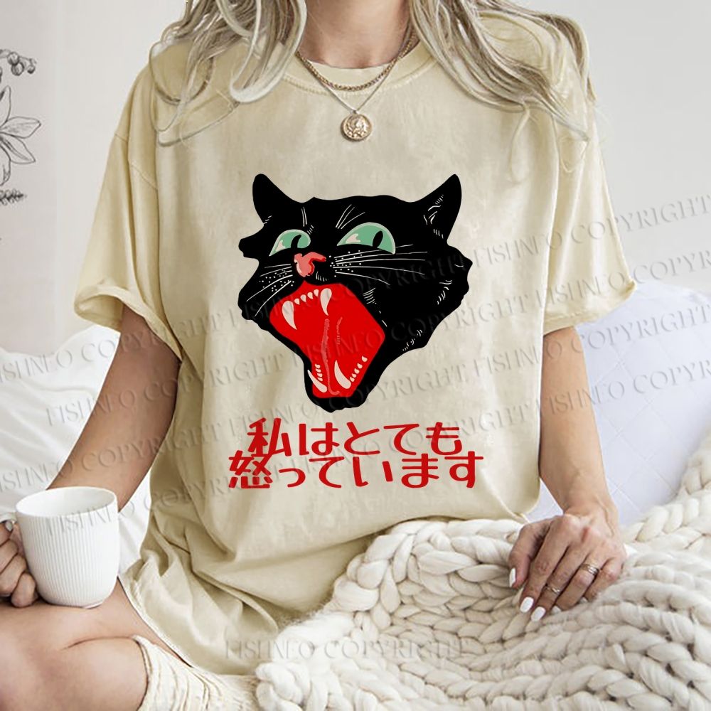 Unisex Japanese Cat Graffiti Printed Washed Tee