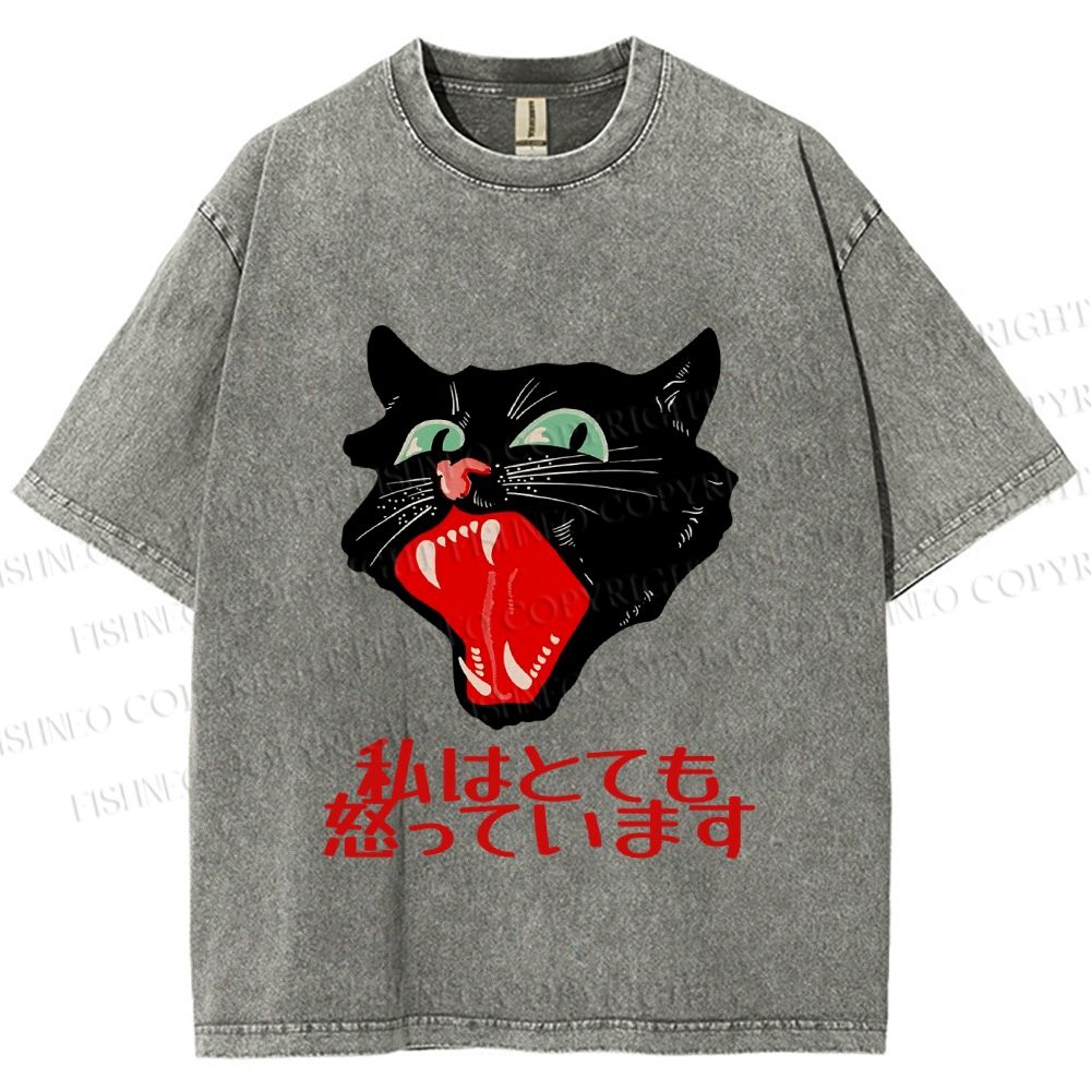 Unisex Japanese Cat Graffiti Printed Washed Tee