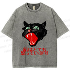 Unisex Japanese Cat Graffiti Printed Washed Tee