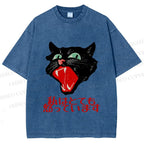 Unisex Japanese Cat Graffiti Printed Washed Tee