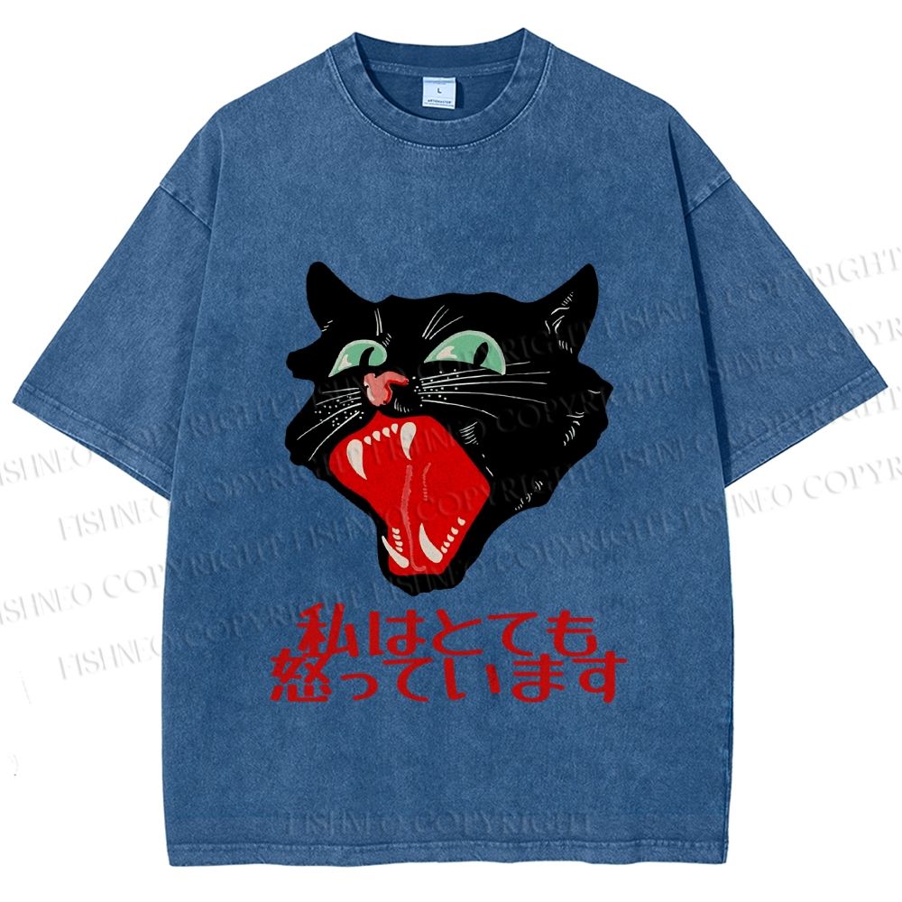 Unisex Japanese Cat Graffiti Printed Washed Tee