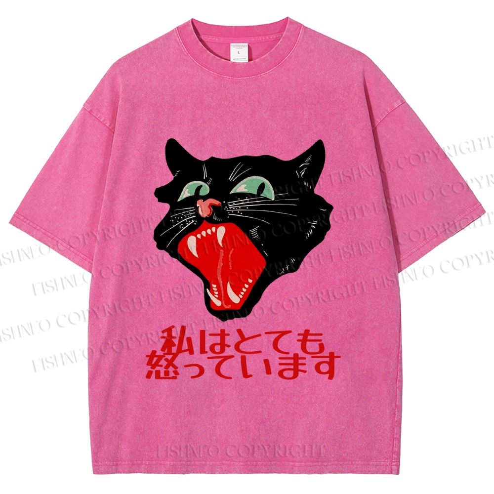 Unisex Japanese Cat Graffiti Printed Washed Tee