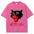 Unisex Japanese Cat Graffiti Printed Washed Tee