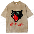 Unisex Japanese Cat Graffiti Printed Washed Tee