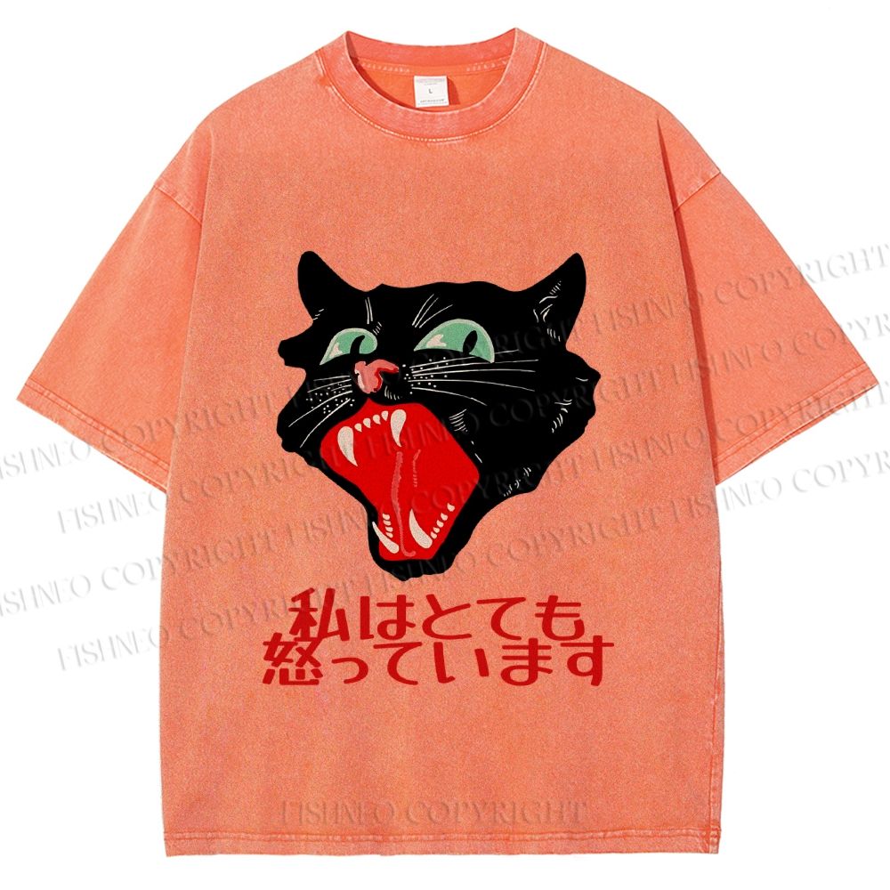 Unisex Japanese Cat Graffiti Printed Washed Tee