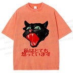Unisex Japanese Cat Graffiti Printed Washed Tee