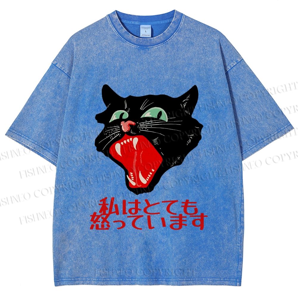 Unisex Japanese Cat Graffiti Printed Washed Tee