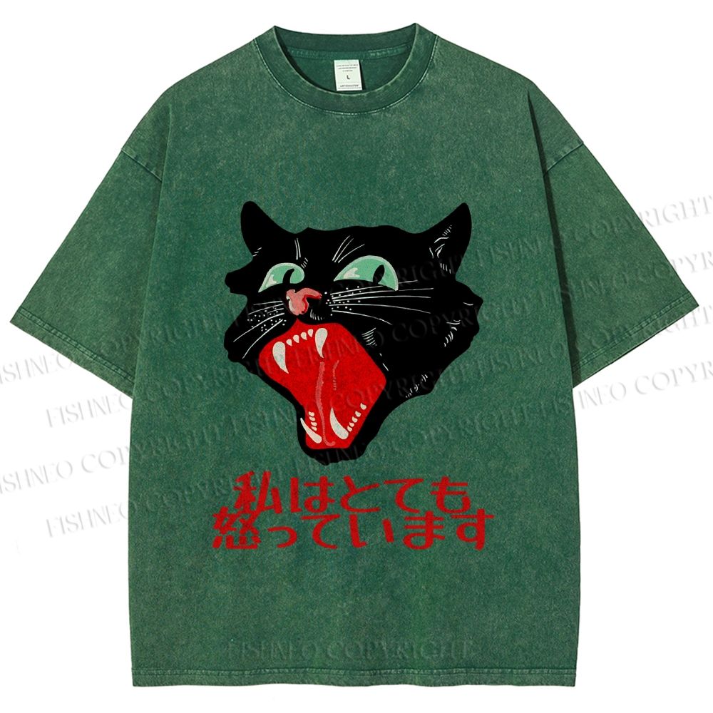 Unisex Japanese Cat Graffiti Printed Washed Tee