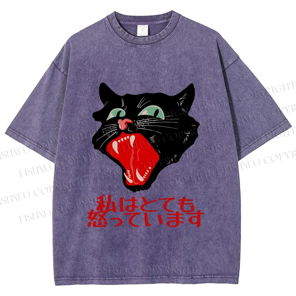 Unisex Japanese Cat Graffiti Printed Washed Tee