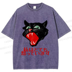 Unisex Japanese Cat Graffiti Printed Washed Tee