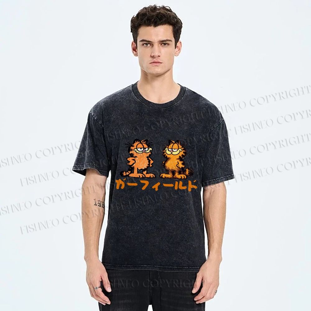 Unisex Japanese Garfield Graffiti Printed Washed Tee