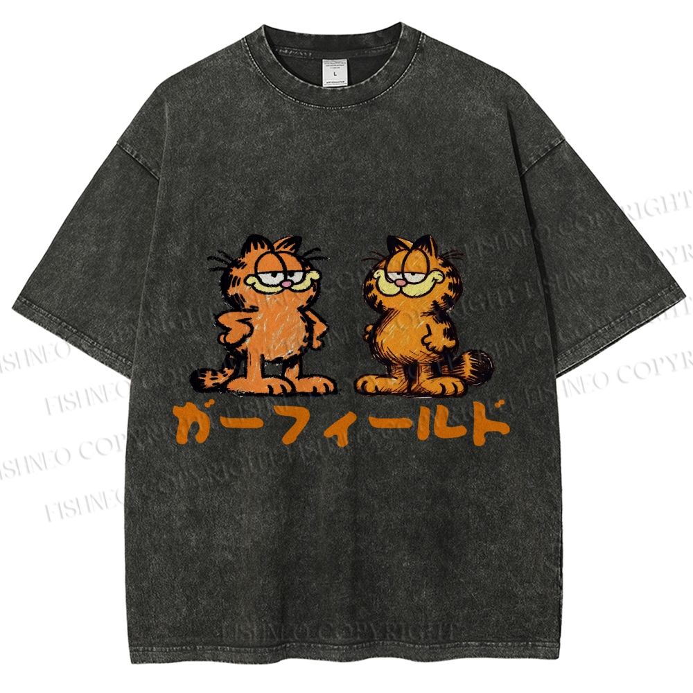 Unisex Japanese Garfield Graffiti Printed Washed Tee