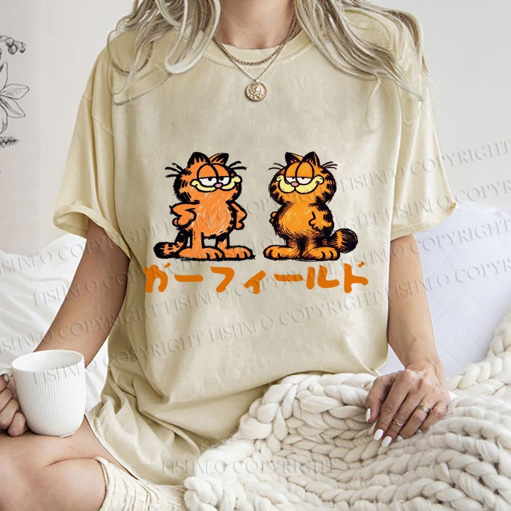 Unisex Japanese Garfield Graffiti Printed Washed Tee