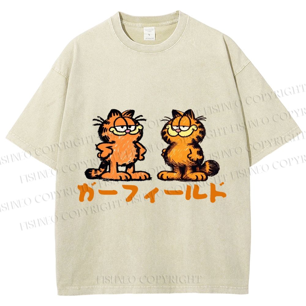 Unisex Japanese Garfield Graffiti Printed Washed Tee