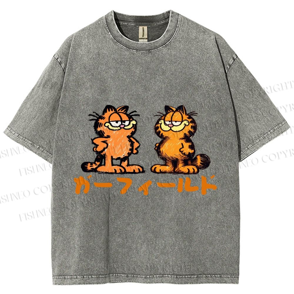 Unisex Japanese Garfield Graffiti Printed Washed Tee