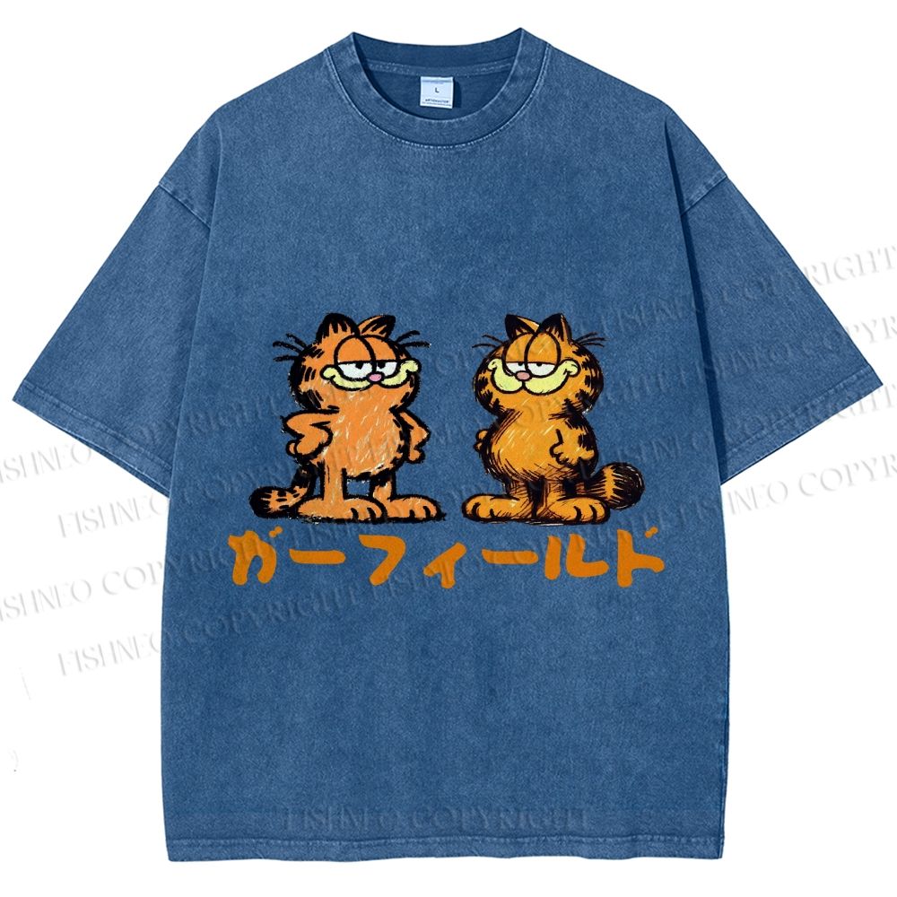 Unisex Japanese Garfield Graffiti Printed Washed Tee