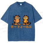 Unisex Japanese Garfield Graffiti Printed Washed Tee