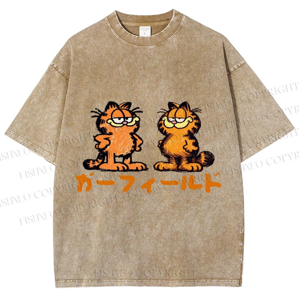 Unisex Japanese Garfield Graffiti Printed Washed Tee