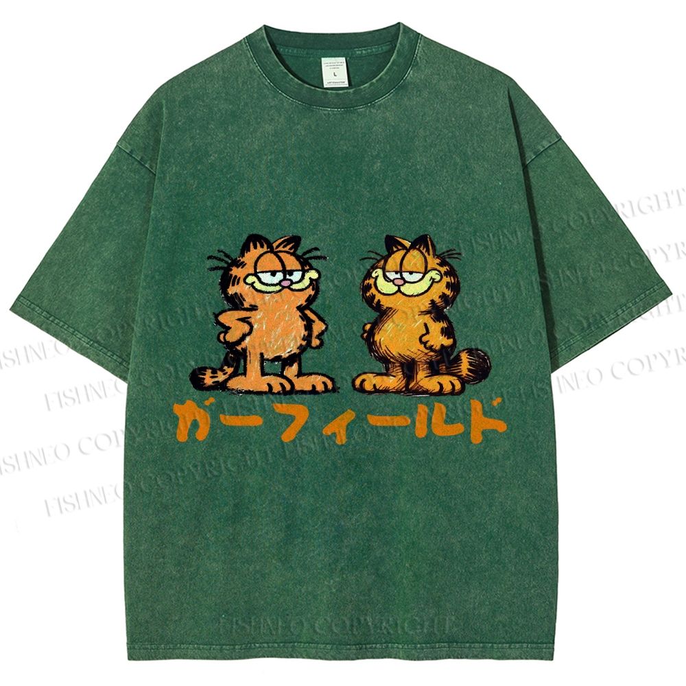 Unisex Japanese Garfield Graffiti Printed Washed Tee