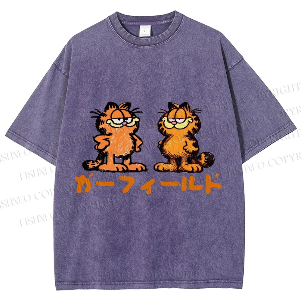 Unisex Japanese Garfield Graffiti Printed Washed Tee