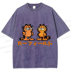 Unisex Japanese Garfield Graffiti Printed Washed Tee