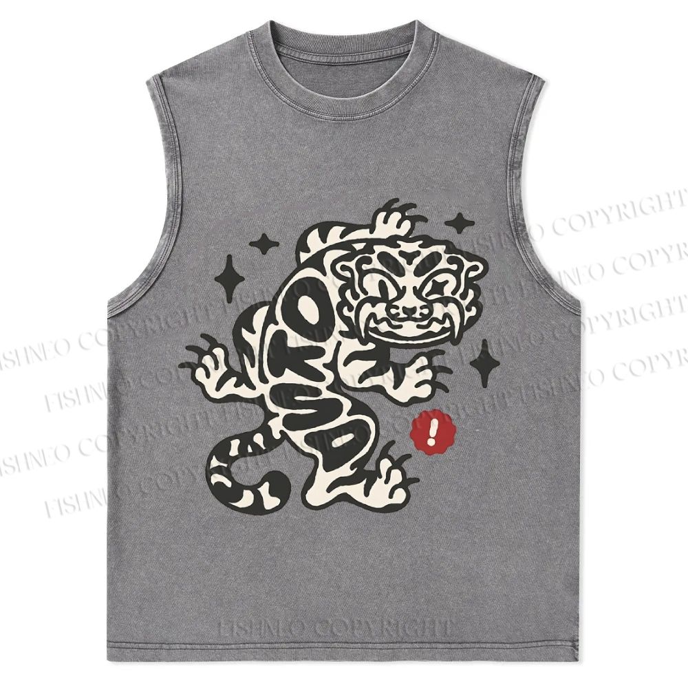 Vintage Tiger Graffiti Printed Christian Snowflake Washed Vest