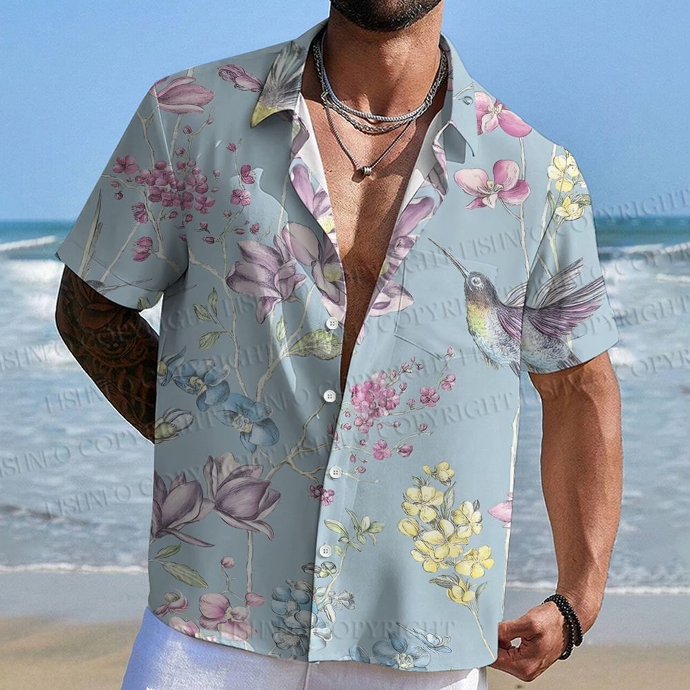 Flowers Birds Printed Men's Short-sleeved Shirts