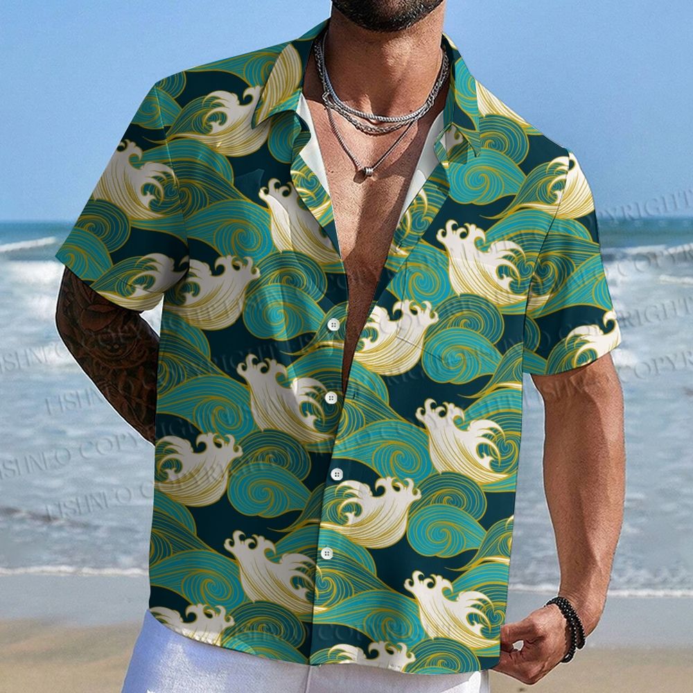 Sea Wave Pattern Printed Men's Short-sleeved Shirts