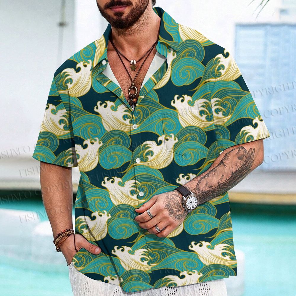 Sea Wave Pattern Printed Men's Short-sleeved Shirts