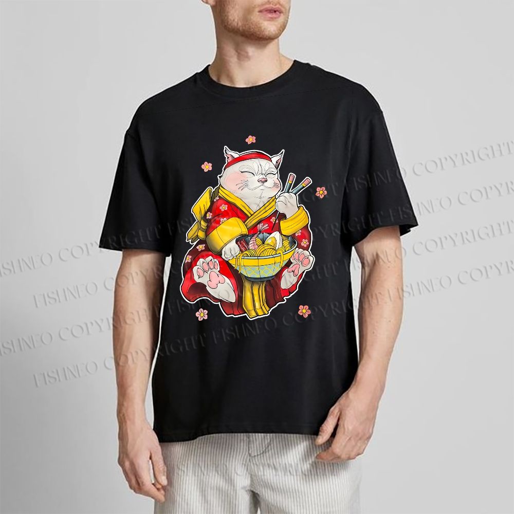Unisex Japanese Cat Having Noodle Classic Cotton T-shirt